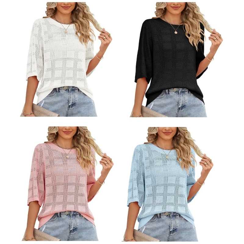 

Women Hollow-Out Knit Solid Color T-Shirt Half Sleeve Loose Pullover Sweater Top