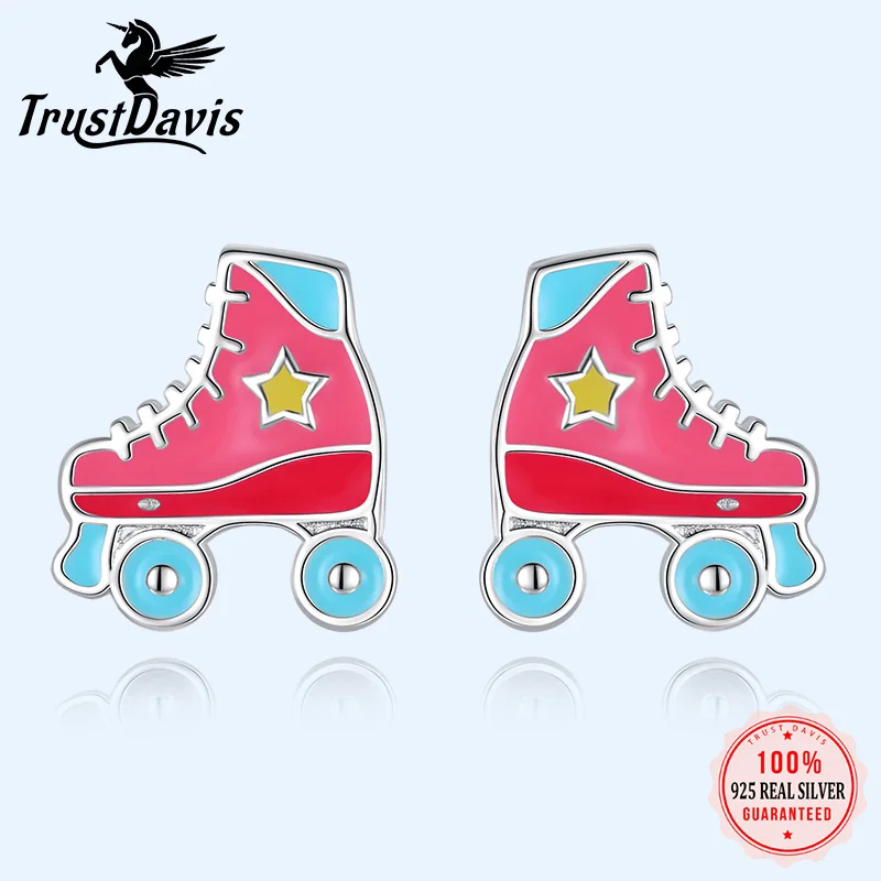 

TrustDavis Real 925 Sterling Silver Daughter Girls Birthday Gift Stud Earrings For Glaze Roller Skates Fine 925 Wholesale DK037