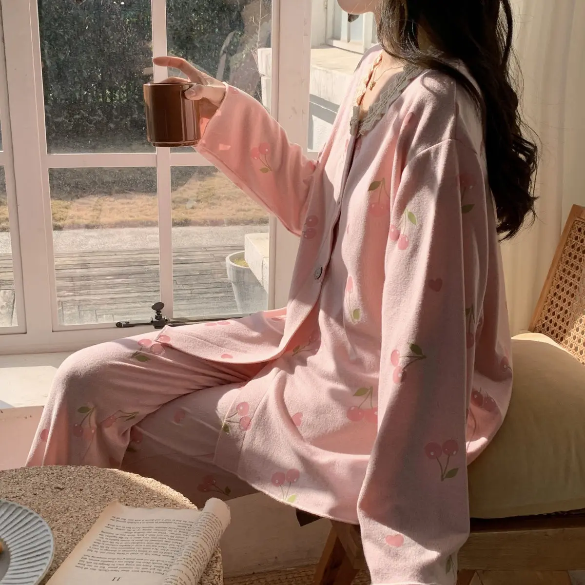 Весенне-осенняя модная женская повседневная милая розовая одежда для сна с