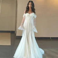 simple boho mermaid wedding dress off shoulder tulle flare sleeve elegant bridal gowns sweetheart illusion sweep train bride
