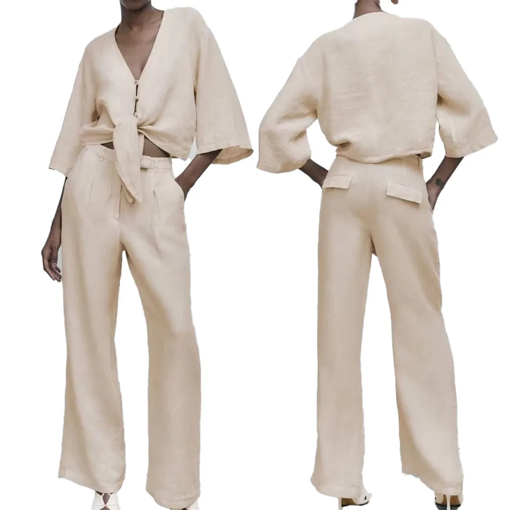 

Женская льняная рубашка с узелком, костюм с широкими штанинами, модный короткий топ с V-образным вырезом и прямые брюки с высокой талией, лет...