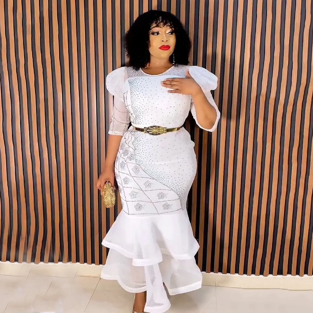 Plus Size Large Women's Dress New Round Neck Half-sleeve Hot Diamond Fishtail Skirt Fashion Fitting Long Party Female Dress
