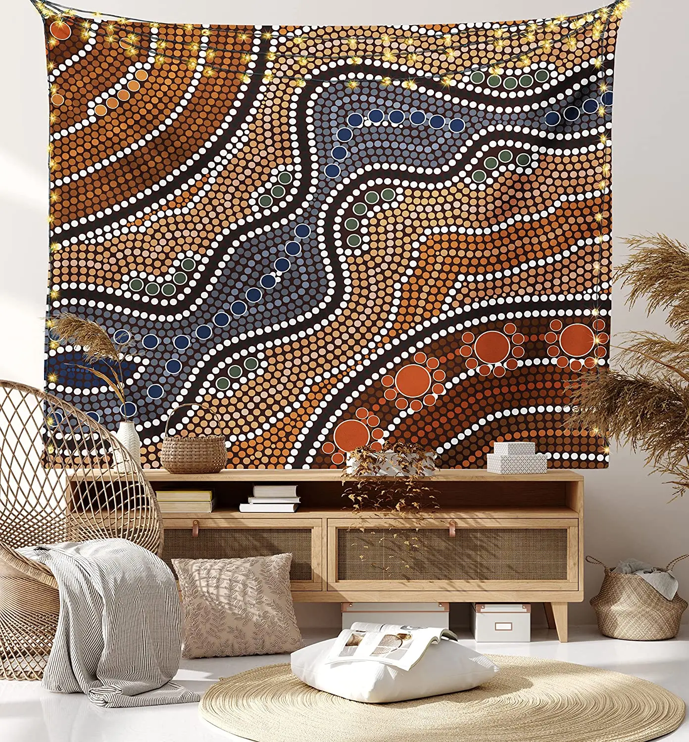 

Art Tapestry Aboriginal Culture Inspired by an Abstract Nature Scene of Native Australian People and Wildlife Art Wall Hanging