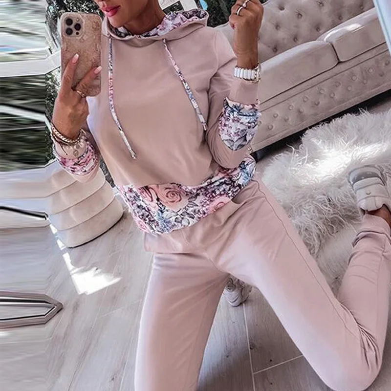 

New Hooded Sweatshirts & Pocket Pants Sets Women Casual Long Sleeve Suit Elegant Stitch Floral Print Tracksuits Autumn Outfits