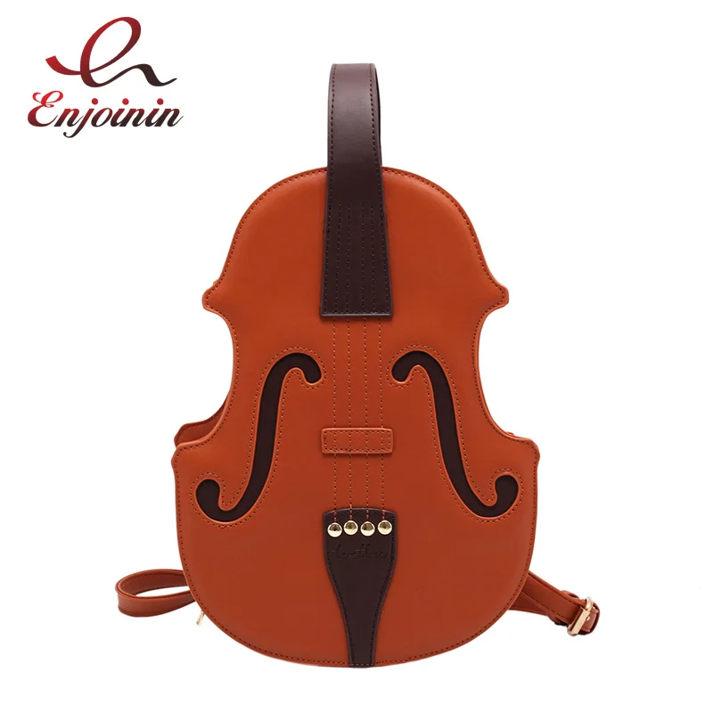 

Fun Brown Violin Shape Shoulder Bag for Teenage Girls Fashion Backpack Travel School Bag Multiple Using Women Pouch Pu Leather