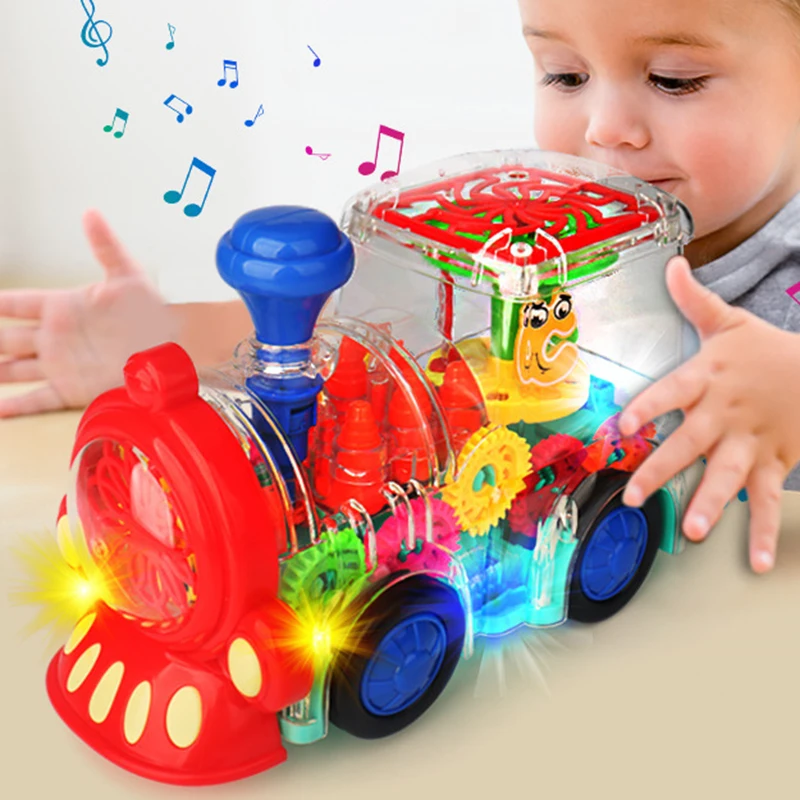 ZK20 2022 Electric Transparent Gear Train Universal Walking Train Colorful Lights Musical Toys for Children Gift for Kids