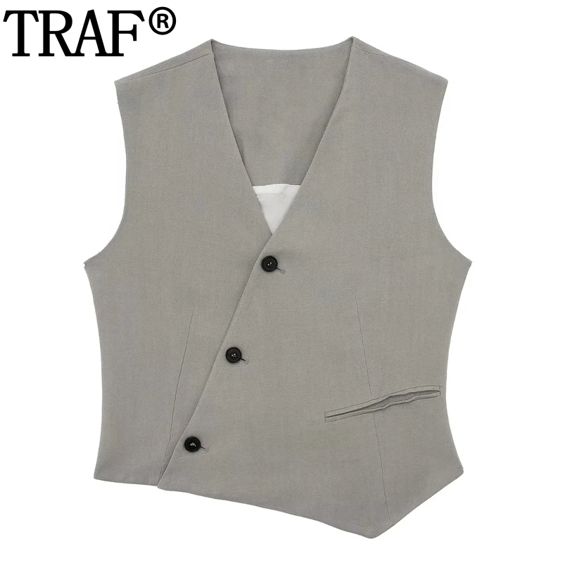 

TRAF Asymmetric Women's Vest Summer Sleeveless Vests for Women Double Breasted Waistcoat Women Streetwear Cropped Jacket Woman