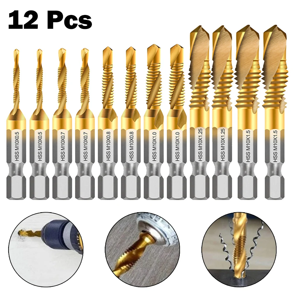 

12PCS/2Set Spiral Flutes Tap Drill Titanium Plated Hex Shank HSS Screw Thread Metric Tap Drill For Wood Plastic Aluminum