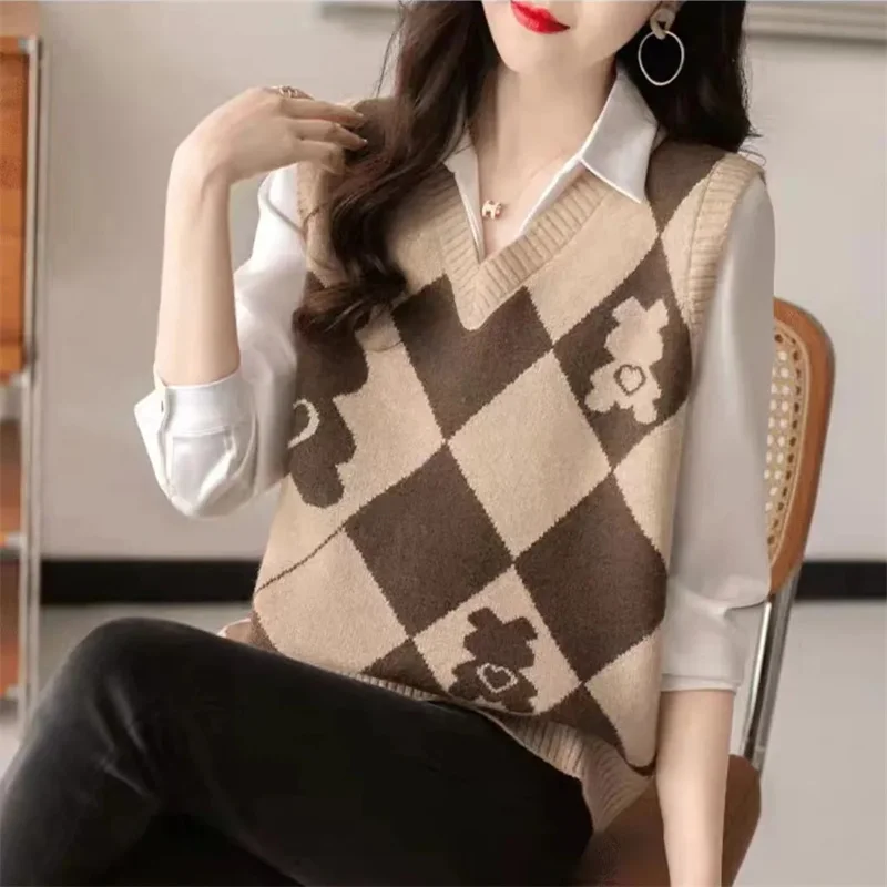 Осенний женский свитер с цветными блоками жилет пальто женская вязаная куртка