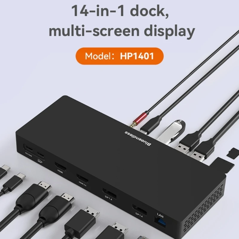 

USB3.0 Hub 14 in 1 Type-C Splitter Adapter with 4K Gigabit-ethernet 3.5mm SD/TF-Card Dock Station