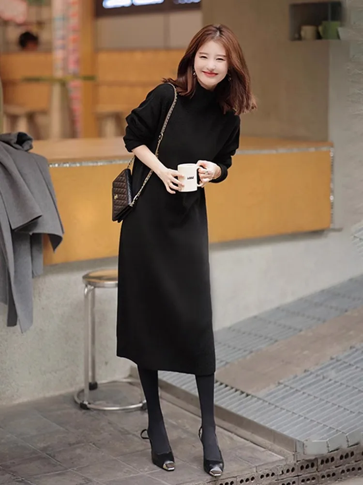 Ozhouzhan Gentle Sle черное трикотажное нижнее платье женское осенне-зимнее пальто