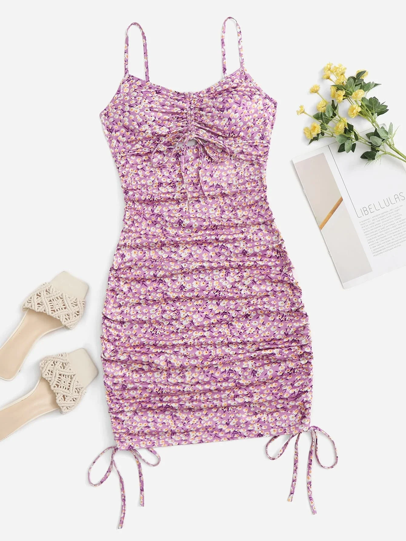 

Cut Out Drawstring Knot Front Floral Slip Dress