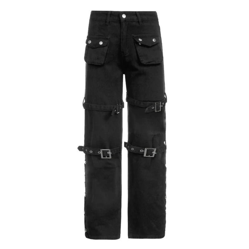 

Women Punk Black Multi Pockets Cargo Jeans Harajuku Metal Buckle Belt Straight Leg Denim Pants Side Split Loose Trousers