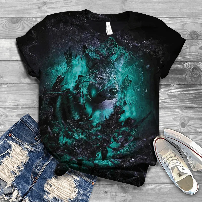 2023 New Hot Sale Summer Short-sleeved 3DT Shirt Wolf Head Short-sleeved Printing Couple T-shirt Animal Top Streetwear images - 6