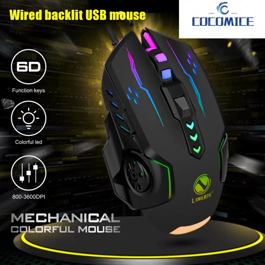 

3600dpi USB Wired Gaming Mouse 6 Buttons Backlit E-sports Mice 6D Colorful LED Light Glowing Mouse For Laptop PC Computer Gamer