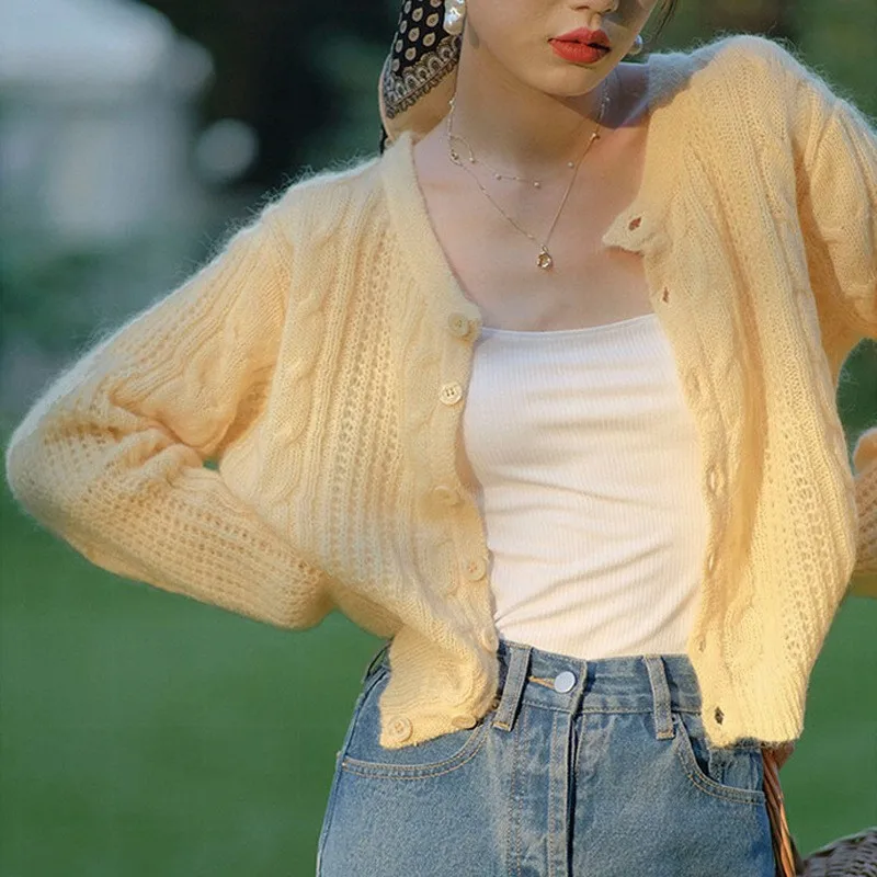 

Sarebon Women Mohair Knitted Cardigan Single-breasted Autumn Loose Knit Tops Casual Yellow White Long Sleeve Sweaters