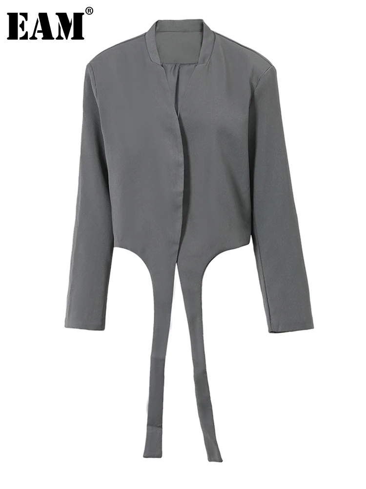 

[EAM] Women Gray Green Irregular Short Big Size Blazer New Lapel Long Sleeve Jacket Fashion Tide Spring Autumn 2023 1DF038506