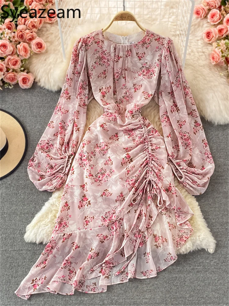 

Fairy Sweet Dress High Waist and Thin Mid-length Irregular Drawstring Puff Sleeves Round Neck Floral 2022 Spring Chiffon Dress