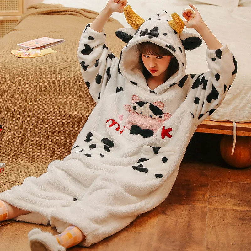 Kigurumis Women Winter Thicken Hoodies Pajamas Jumpsuit Korean Soft Warm Sleepwear Adult Cartoon Cow Cute One-Piece Pyjamas