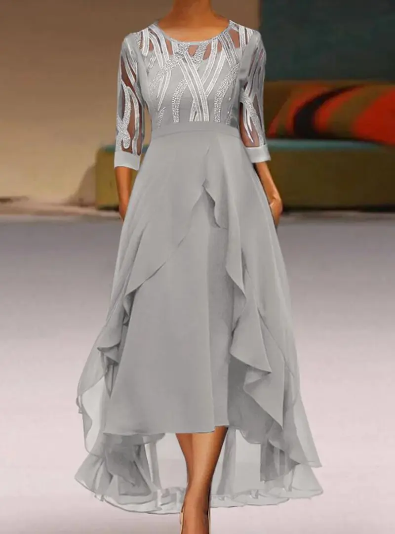 

Женское шифоновое платье с круглым вырезом, коротким рукавом и воланом