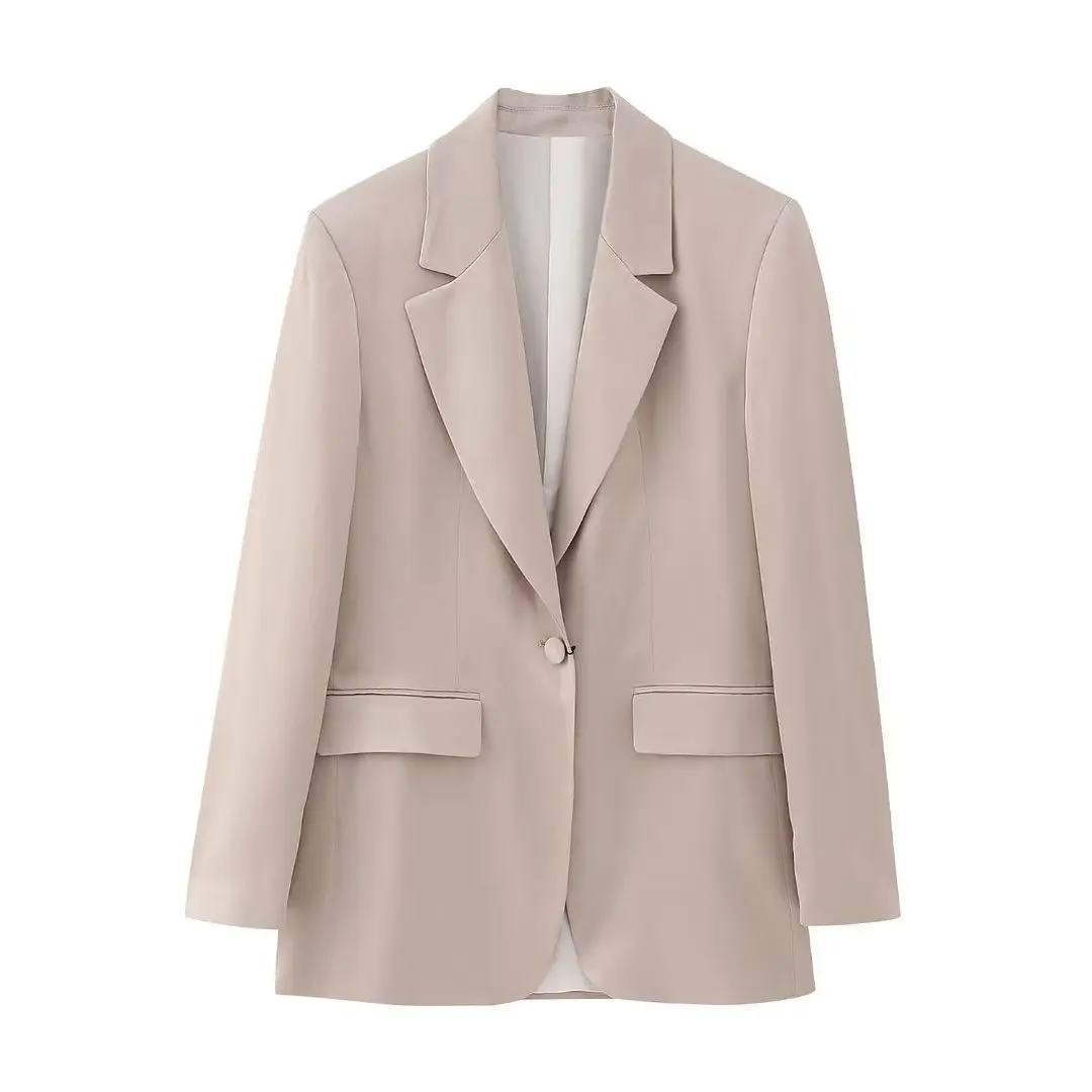 

Women 2023 New Fashion Silk Satin Texture Straight Tube Blazer Coat Vintage Long Sleeve Pockets Female Outerwear Chic