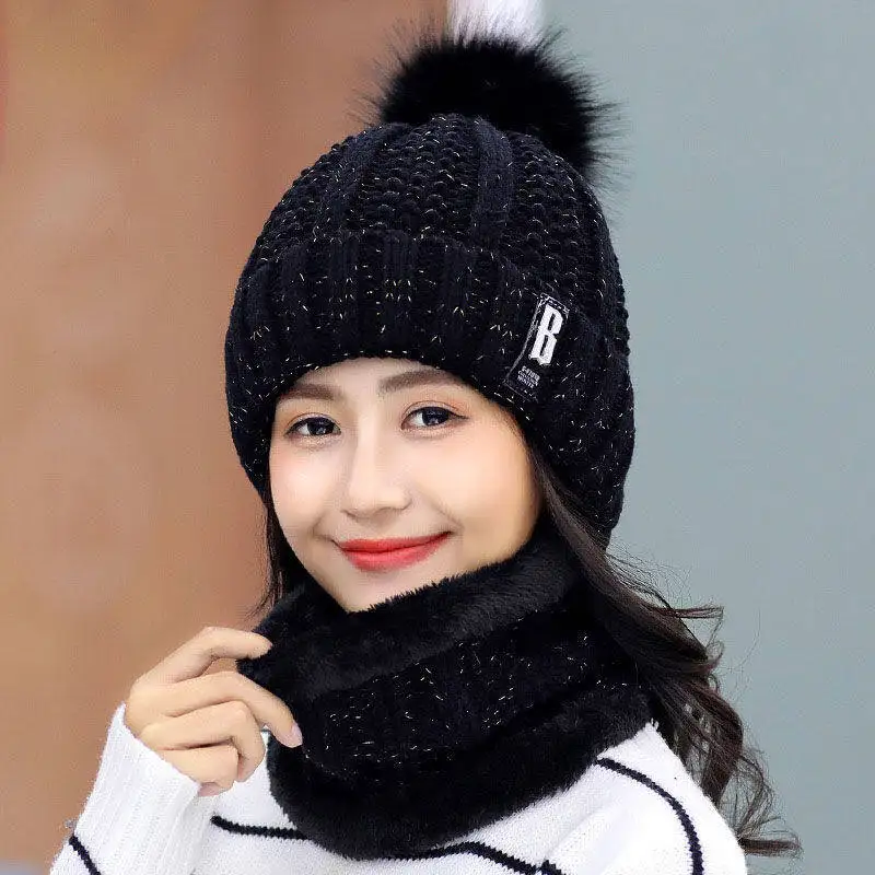 

Winter Korean Wool Hat Ladies Plus Velvet Thick Scarf Mother Cycling Warm and Cold Knitted Ear Protection Tide Hat Wholesale