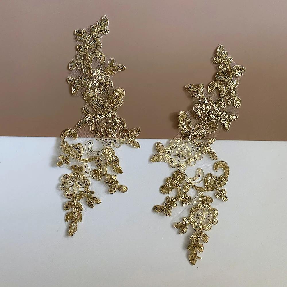 

2Pairs Golden Venise Guipure Cording Flower Lace Applique Trim Patch Wedding Dress Sewing Lace Patch Decoration DIY 26X9.5cm
