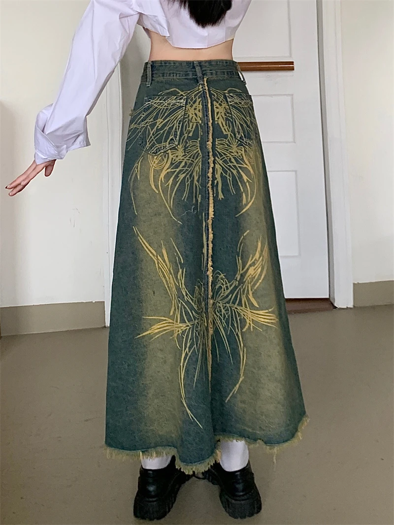 Женская длинная ковбойская юбка трапециевидная с графическим принтом Корейская