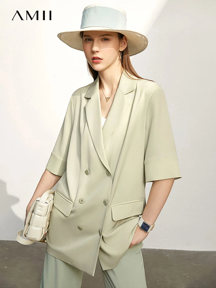 AMII Minimalism Elegant Jackets for Women Solid Turndown Collar Blazer Woman Straight Chic 2023 Summer New In Outerwear 12332012