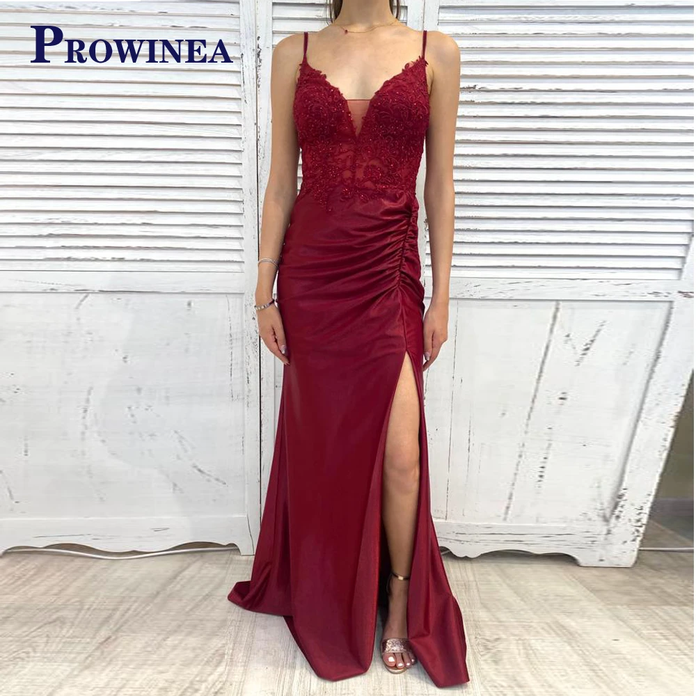 

Prowinea Charming Mermaid Prom Dresses For Women Spaghetti Straps Lace Appliques Sweep Train Vestidos Robes De Soirée Customised