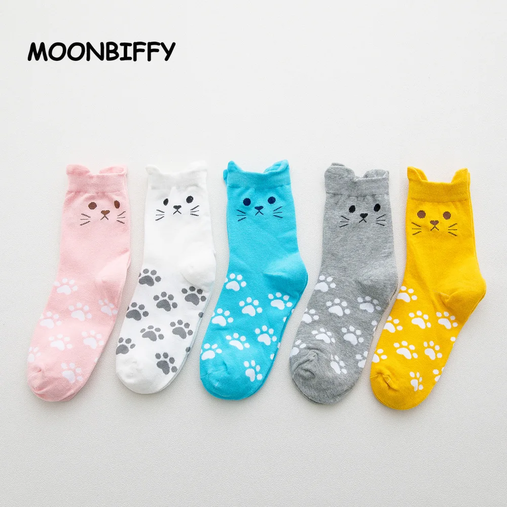 

Милые носки с кошачьими ушками, женские хлопковые носки с рисунками из мультфильмов, повседневные Простые Женские носки с милыми лапами, же...
