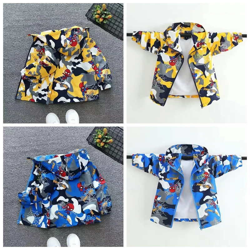 

Baby Boys Coat Cartoon Spiderman Print Spring Autumn Kids Outerwear Zipper Clothes Jacket Children Hooded Camouflage Windbreaker