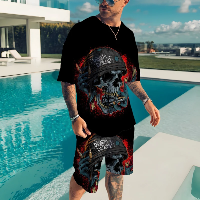 

2023 Men's Fashion Retro Activewear Summer Casual Skull Cool Short Sleeve Printed Sports Streetwear Graphic T Shirt Shorts Set
