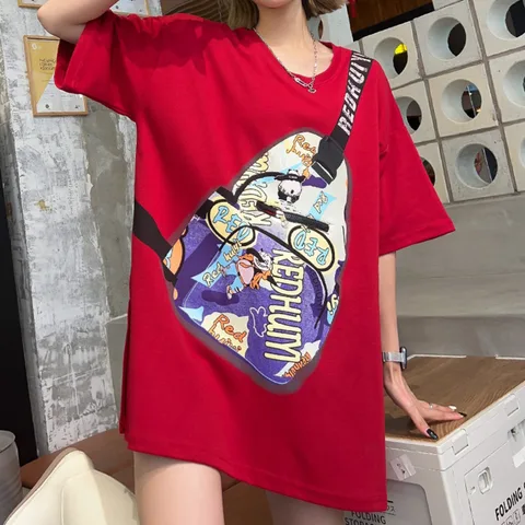 Летняя одежда Y2k, сумка-мессенджер с принтом, футболка на молнии, Женская Повседневная футболка в европейском стиле большого размера для пары, повседневные футболки, топы