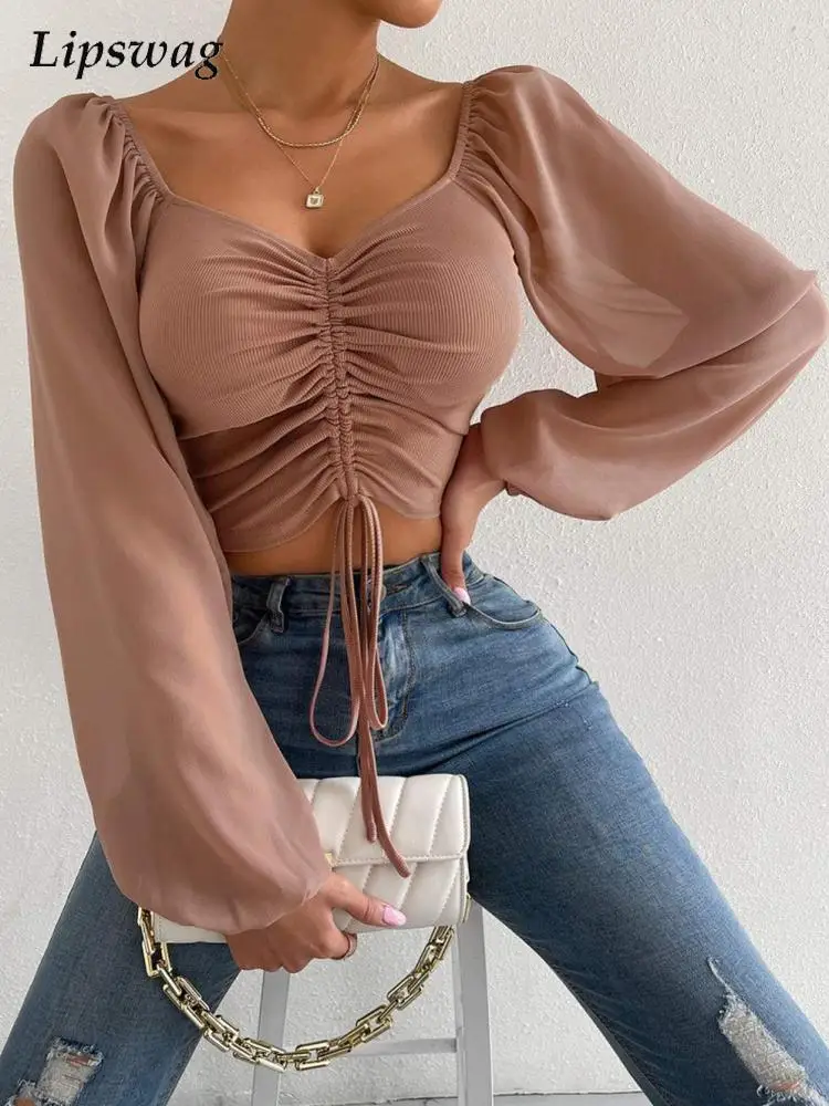 

Блузка женская с V-образным вырезом, модная Однотонная рубашка в рубчик, с кулиской и длинным рукавом, элегантный офисный топ на завязках, ул...