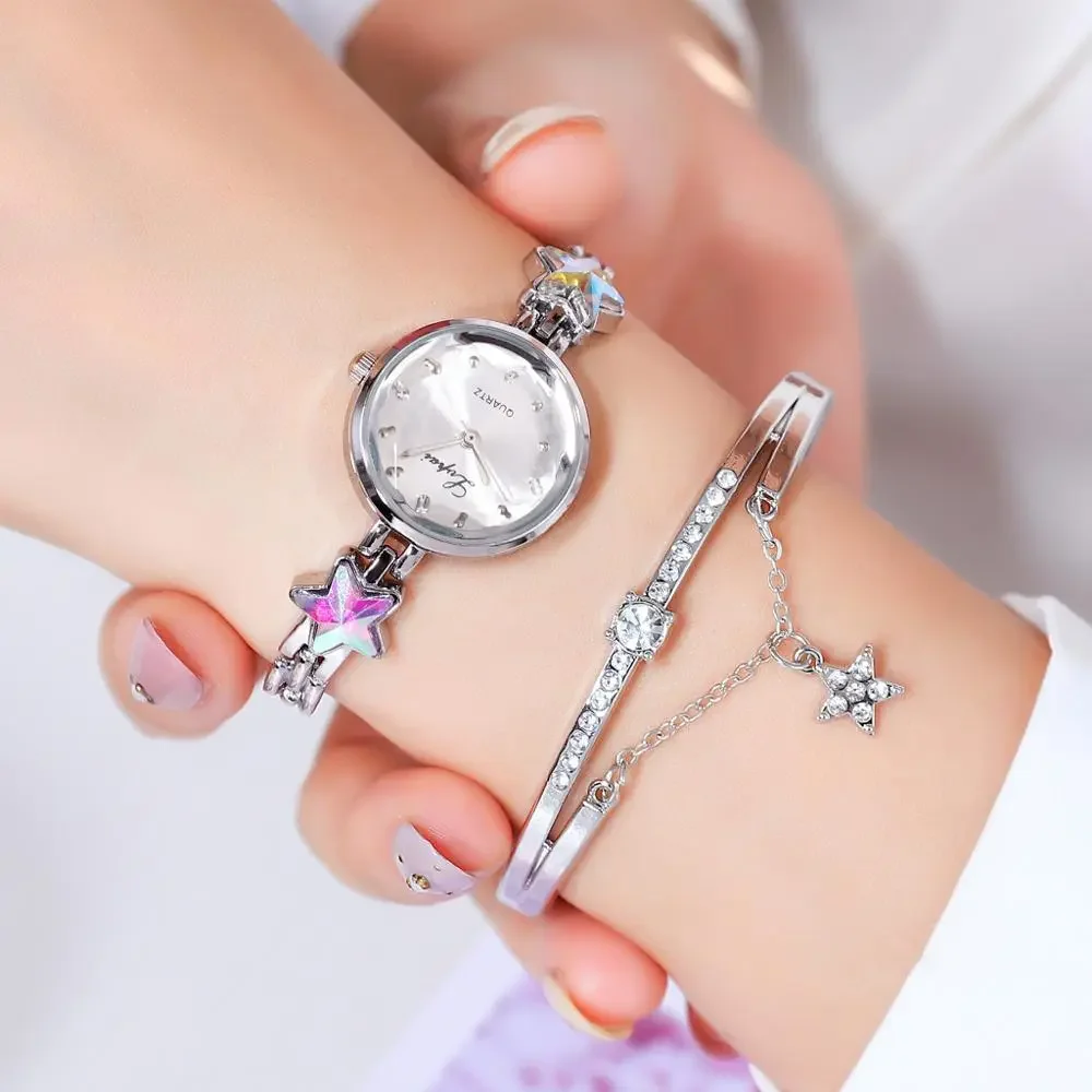 Brand Luxury Bracelet Watches Set For Women Fashion Rhinestone Star Bracelet Watch Ladies Dress Watches New Zegarek Damski