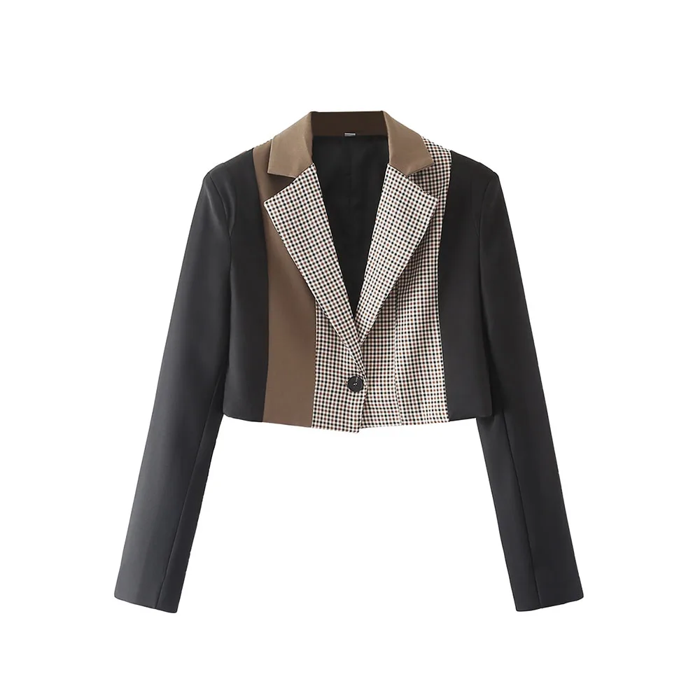 

2022 New Style Women's Fashion Button Colorblock Short Suit Jacket Retro Long Sleeve Women's Coat Chic Tank Top Women's Jacket