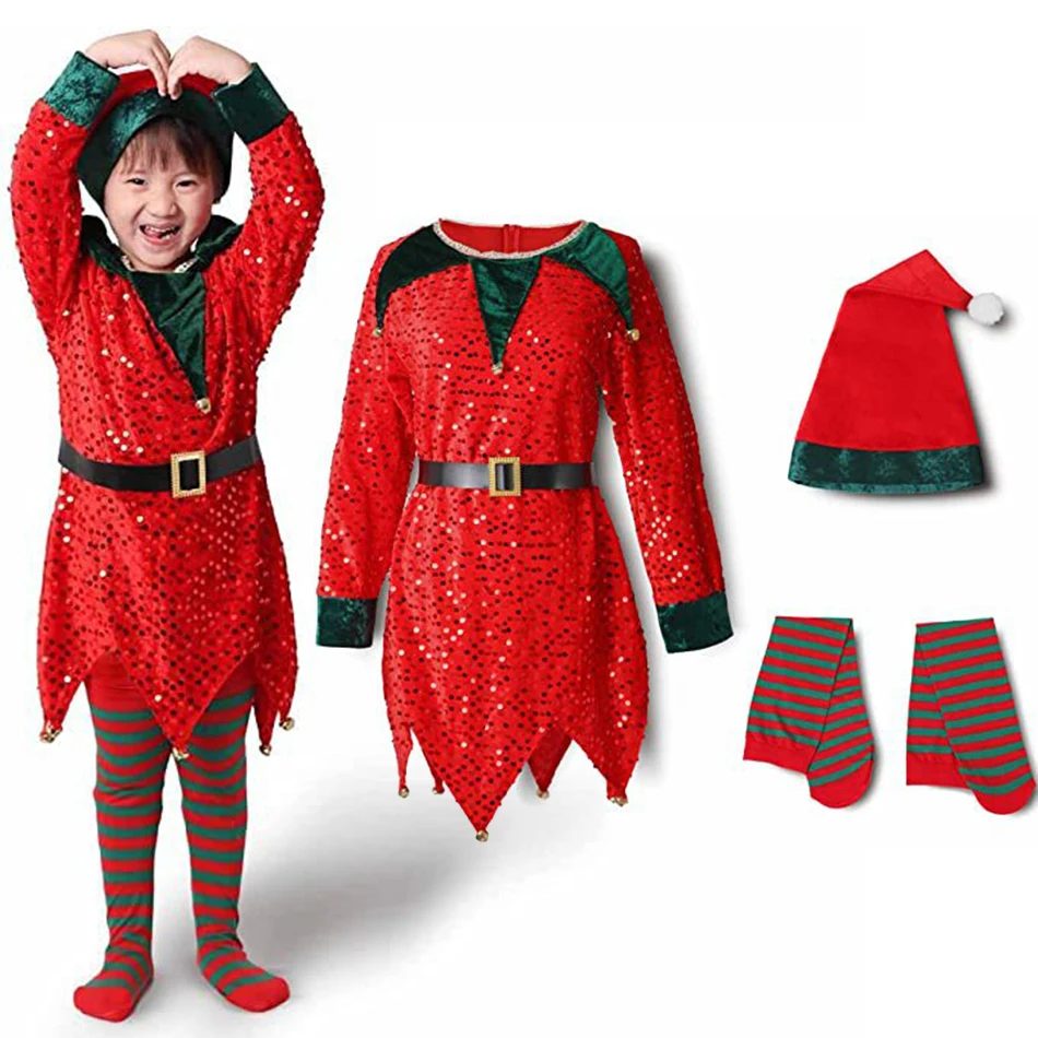 

Christmas Children Clothes Parent Child Cute Green Red Sequins Fairy Dress Boys Girls Kindergarten Performance Cosplay Costume