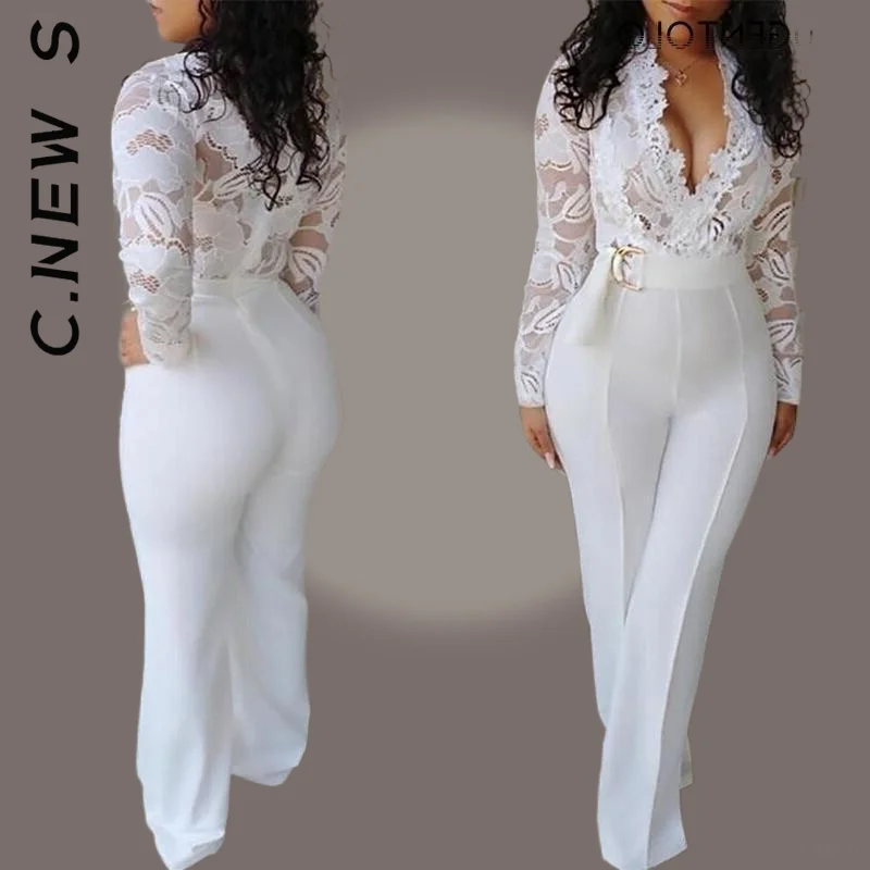 

C.New S Jumpsuit WomenWhite Lace Stitching Long Sleeve V-neck Wide Leg Long Pants Office Lady Jumpsuits for Women
