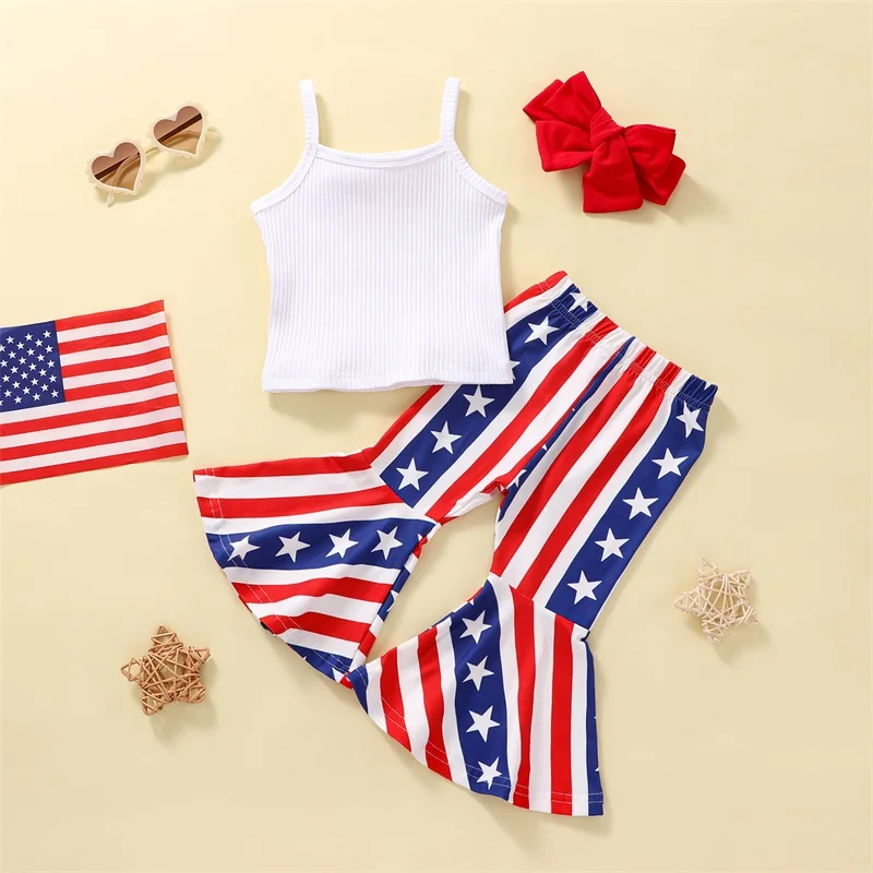 

2023-03-07 Lioraitiin 0-4years Baby Kid Girls Independence Day Sleeveless Camisole with Stars Striped Flare Pants Hairband