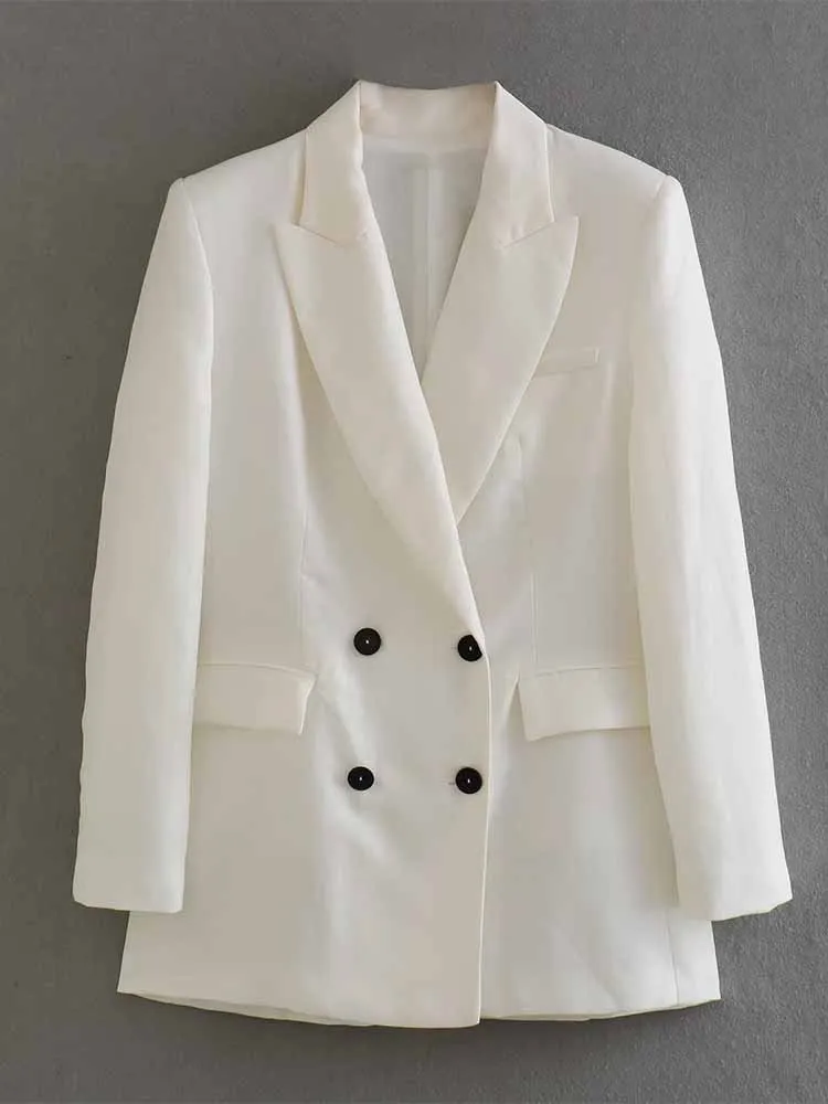 

BSK&ZA&TRF Women 2023 New Fashion Linen Double Breasted Casual Blazer Coat Vintage Long Sleeve Female Outerwear Chic 3633/509