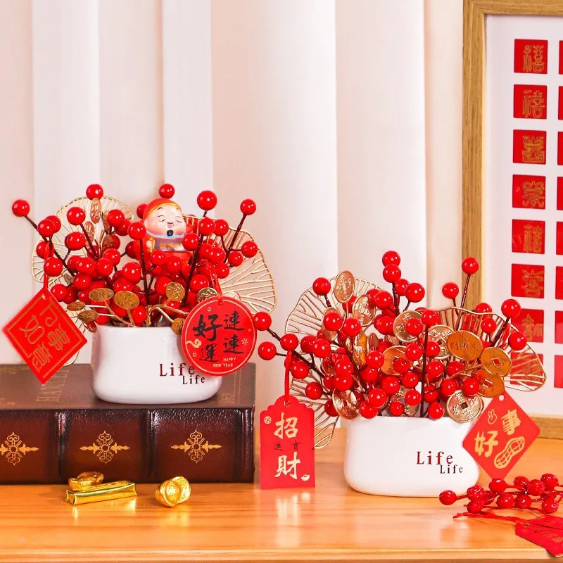 

Red Berries Simulation Flowers Green Plants Potted Plant Ornaments Festive Home Decoration Chinese New Year Art Accessories