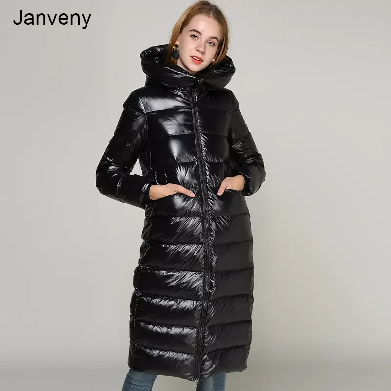 

Новинка 90%, зимняя блестящая длинная куртка из лакированной кожи, женские свободные толстые теплые парки для снега, Женское пальто на утином...