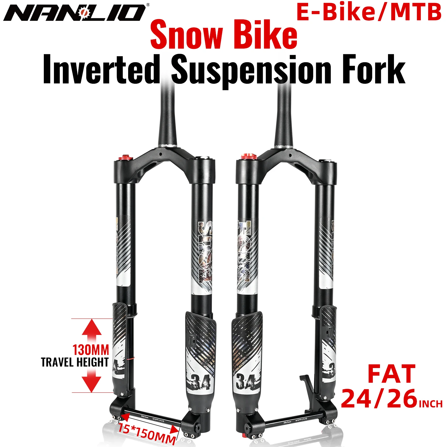 

NanLio Inverted Fork Thru Axle 150*15mm 20 24 26inch SnowBike MTB E-bike 26*5.0 Fat Tire Bike Suspension Shock Absorber Fat Fork