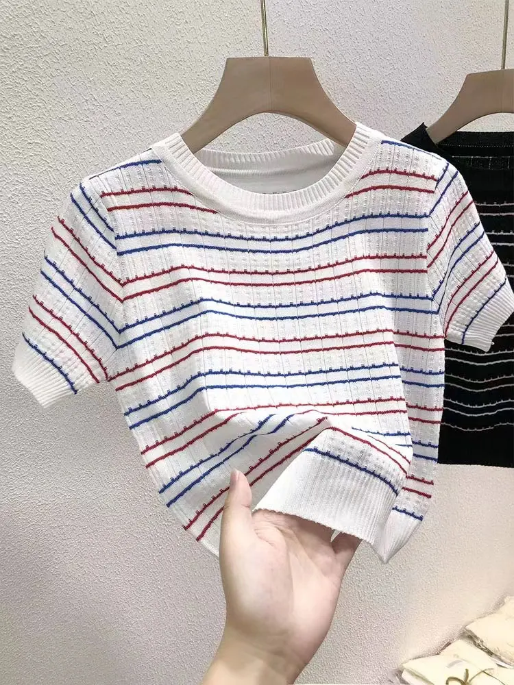 

Stripe T Shirt Women Tops Summer Slim Knit Top Mujer Thin Short Sleeve Tshirts O Neck Basic Tee Shirts Knitting Woman Clothes