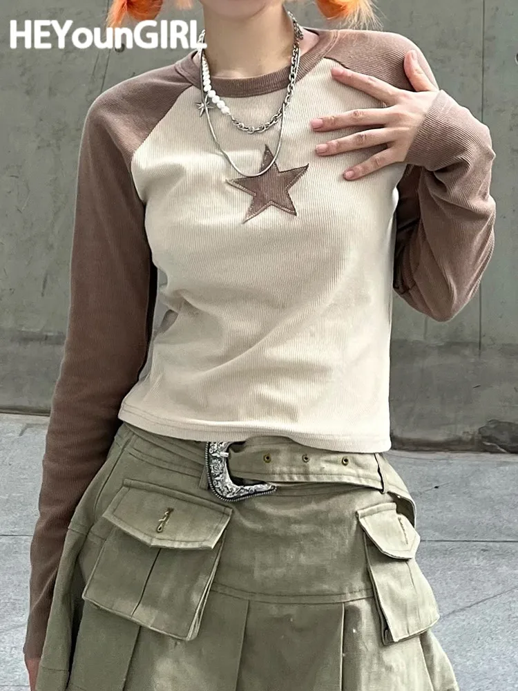 

Футболка HEYounGIRL цвета хаки в стиле пэчворк со звездами, Женская корейская мода, повседневный Базовый Топ с длинным рукавом, милый осенний нар...