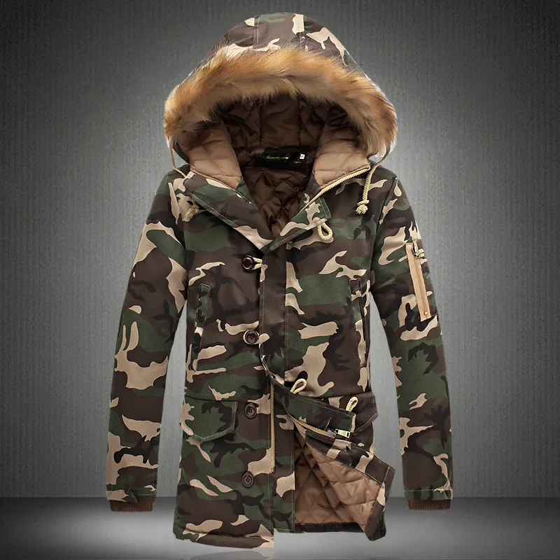 Mens Plus Size Cotton Coats Camouflage Parkas Men Fashion Brand Winter Thick Warm Jacket Big Fur Collar Mid Long Coat Homme 5XL
