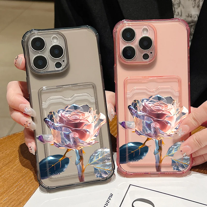 Прозрачный силиконовый чехол из ТПУ с рисунком розы и слотом для карт iPhone 16 15 14 13 12