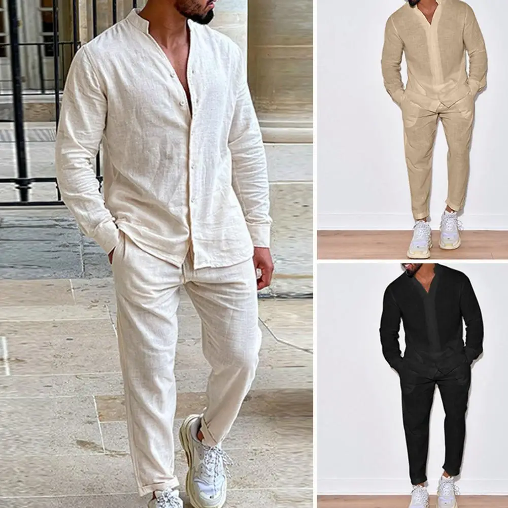 2Pcs/Set Stand Collar V-neck Shirt Elastic Waistband Long Pants Long Sleeve Single Breasted Pockets Straight Leg Casual Outfit