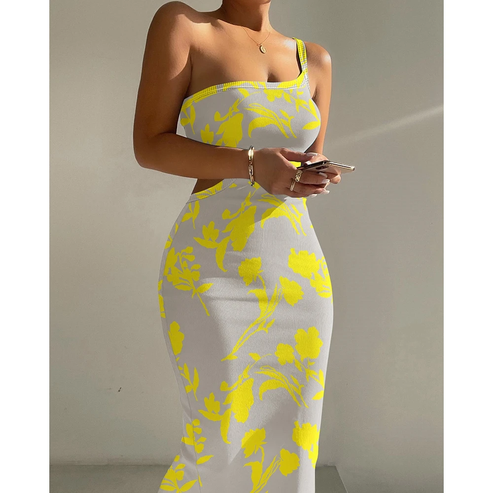 

2022 Summer Women Floral Print One Shoulder Cutout Ribbed Bodycon Dress Fashion Femme Sleeveless Midi Outfits Robe Clothing